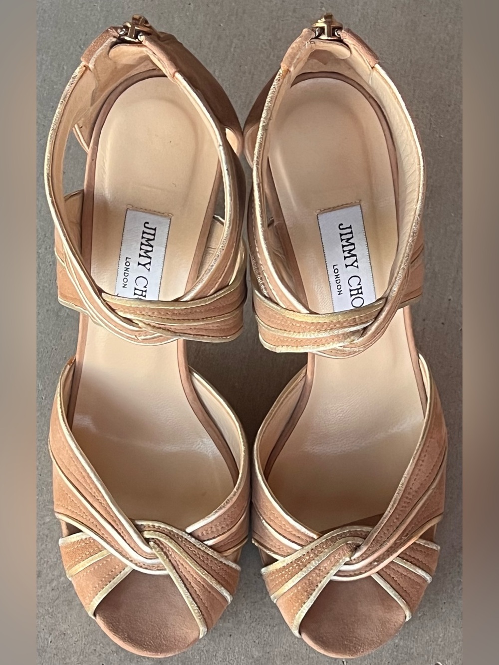 Jimmy Choo Koko 39 Nude Suede Gold Trim Platform Sandals Peep Toe Heels